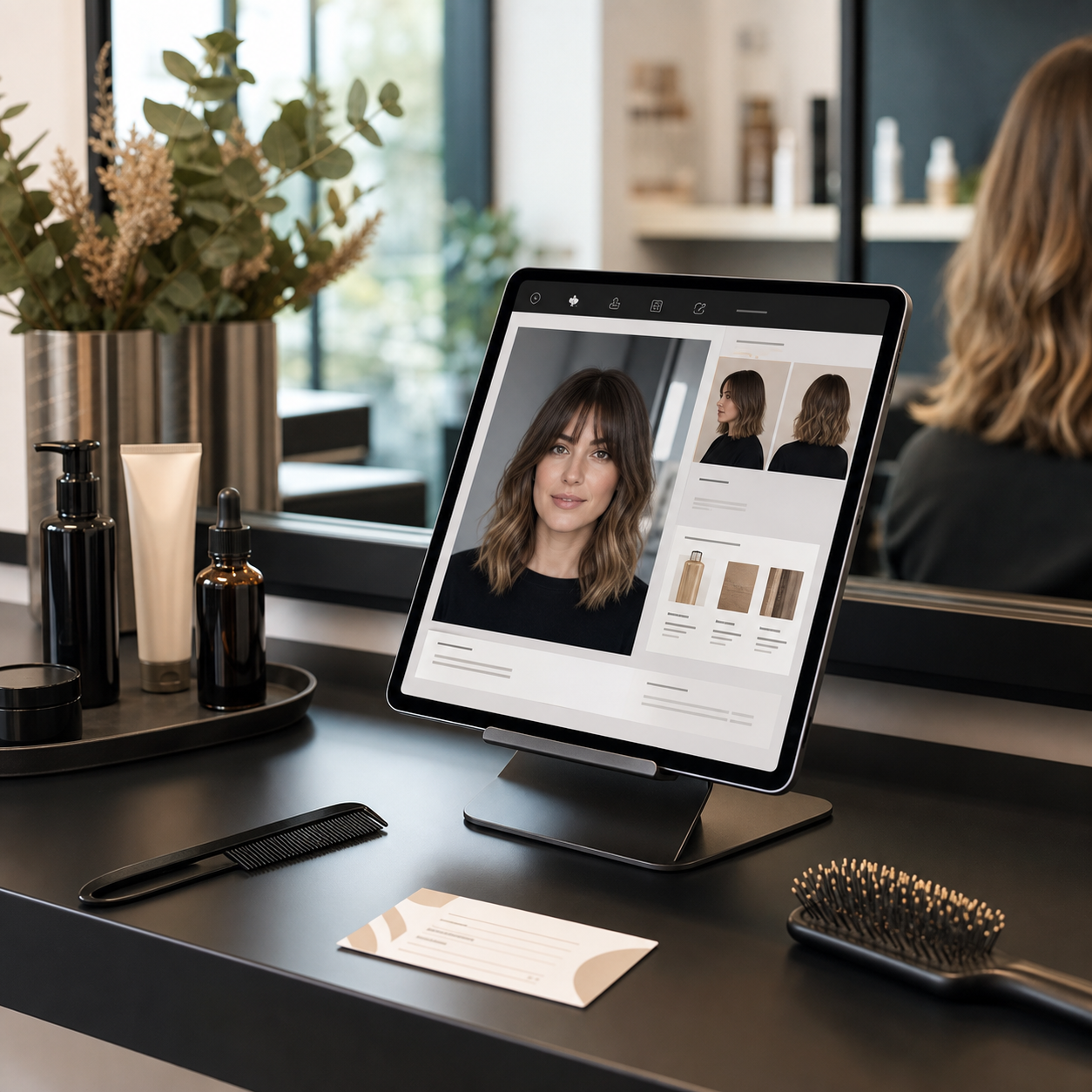 Tablet-App am Spiegeltisch mit Lookbook und Service-Empfehlungen
